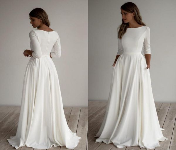 

crepe modest wedding dresses long sleeves pockest sweep train simple elegant informal boho country bridal gowns sleeved8684238, White