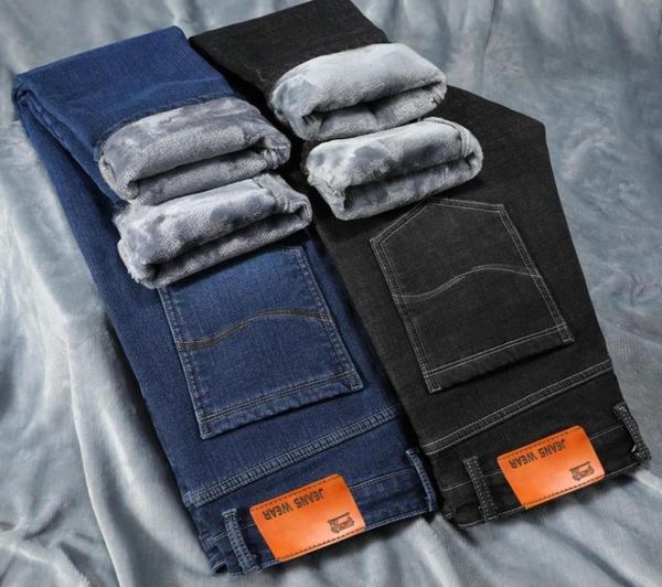 

men039s jeans autumn winter for men feelce thicken straight slim denim pants fashion fitted casual cowby trousers warm male2840804, Blue
