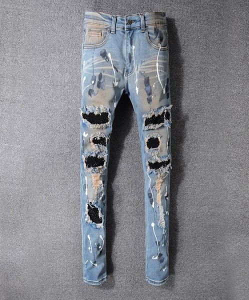 

famous brand mens designer jeans slim fit mens skinny jeans men women motorcycle biker hip hop distressed ripped jeans pants4992345, Blue