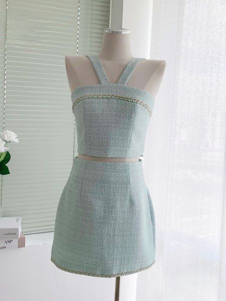 

basic casual dresses summer fall mint green braided tweed two piece set women halter crop mini skirt suits female girls fashion outfit 2308, Black;gray