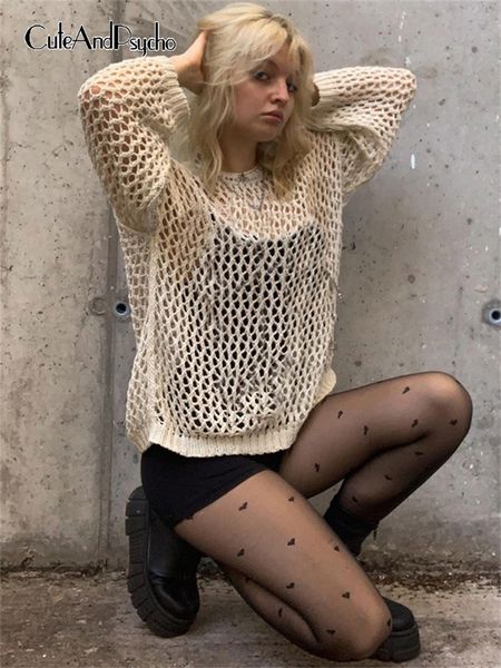 

women's sweaters y2k harajuku hollow out knit pullovers crewneck autumn vintage fairycore grunge fashion retro smock sweater cuteandpsy, White;black