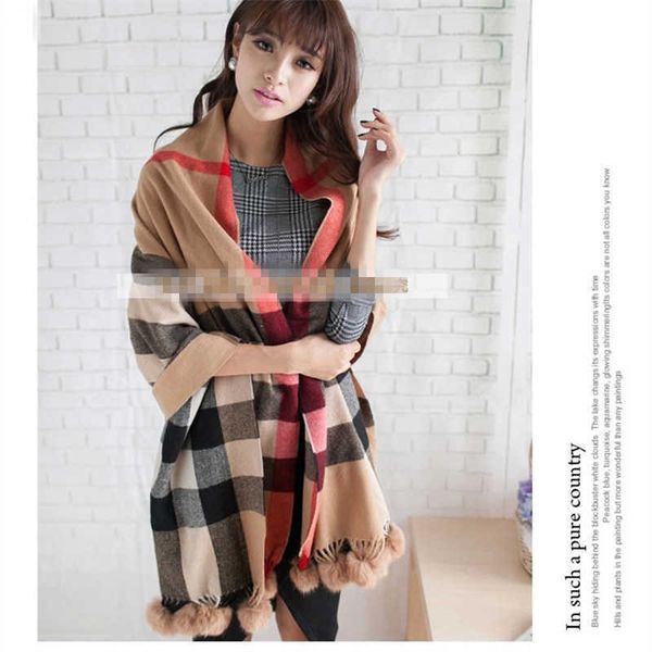 

casual brand b urbbery scarf online shop korean version of winter otter rabbit fur ball imitation cashmere plaid scarf warm thickened, Blue;gray