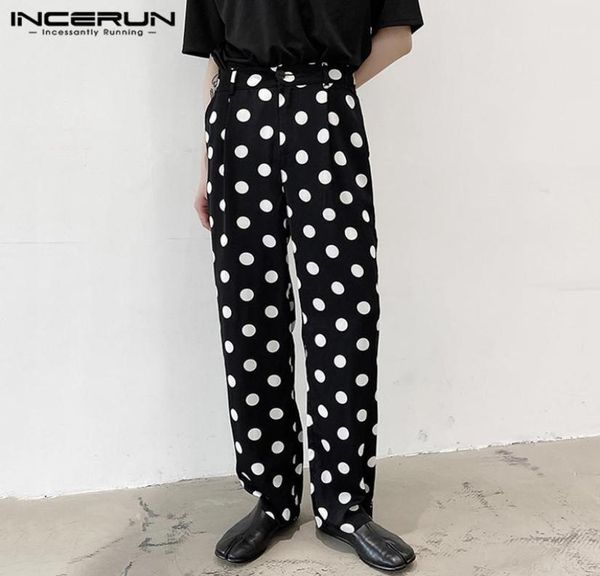 

men casual pants fashion polka dot printed trousers incerun spring buttons straight bottoms male leisure zipper patalones s5xl me5011722, Black