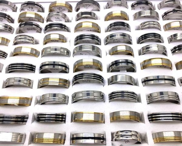 

whole 50pcs mens womens band rings mixed styles striped pattern stainless steel ring fashion jewelry party gifts silver gold b8754854