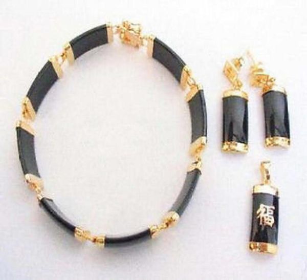 

black agate yellow gold plated fortune pendant necklace bracelet earrings set46699187886652