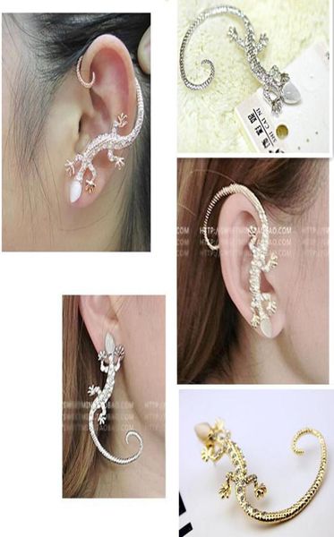 

3d animal crystal gecko stud ear cuff gold plated fashion rhinestone earcuff stud earrings man women vintage statement ear jewelry6812805, Silver