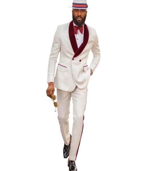 

groomsmen ivory pattern groom tuxedos shawl dark red velvet lapel men suits 2 pieces wedding jacket pants tie d209 men0396345276, White;black
