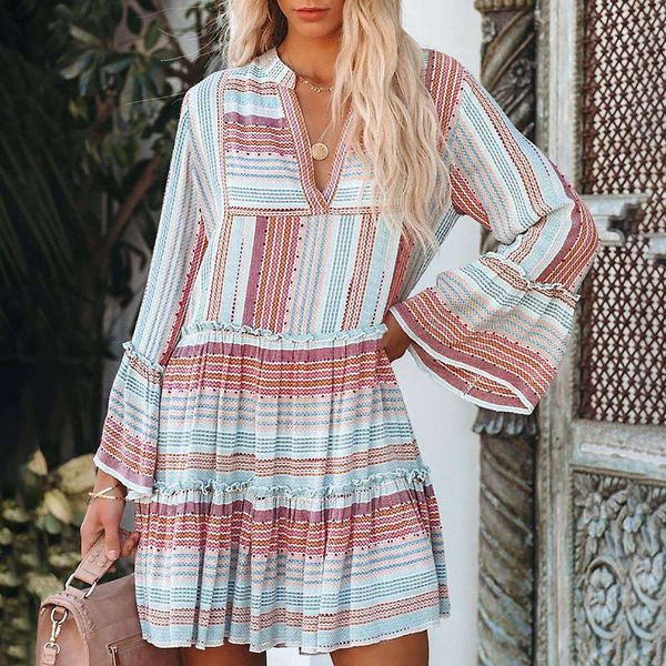 

spring and summer womens fashioned print long sleeve v neck casual dress, Black;gray
