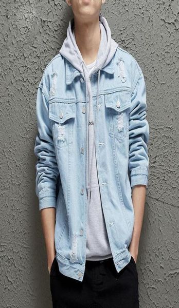 

slim fit men denim blue jeans coat long sleeve holes jacket spring casual male streetwear cowboy button vintage jackets7772836, Black;brown