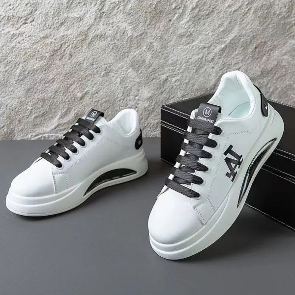 

designer luxury leather men's outdoor casual shoes brand comfortable outdoor white black running shoes thick sole training lace box