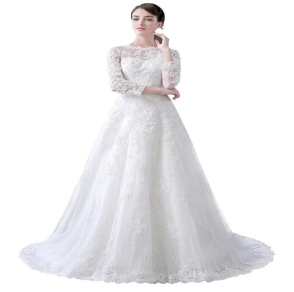 

2019 jewel neck aline chapel train wedding dresses 34 long sleeves lace appliques wedding gowns button sheer back vestido de nov4489971, White