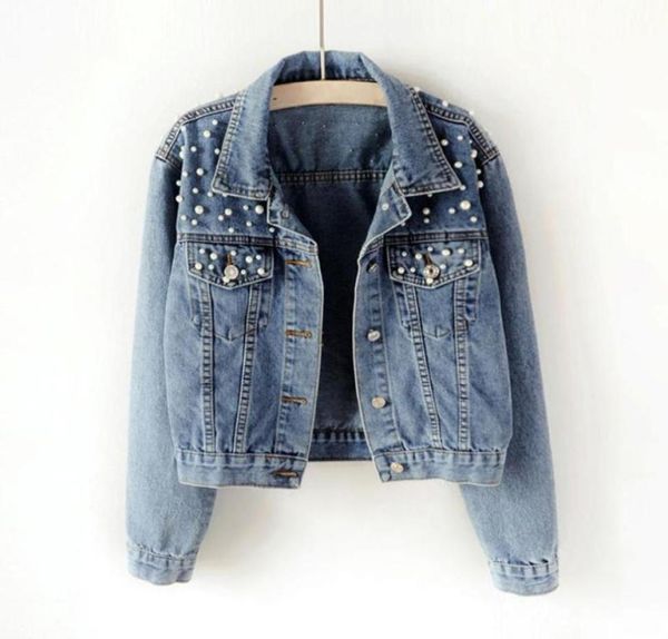 

2020 autumn pearl beading crop denim jackets women casual jeans bomber jacket long sleeve denim coat plus size outwear ed2729432, Black;brown