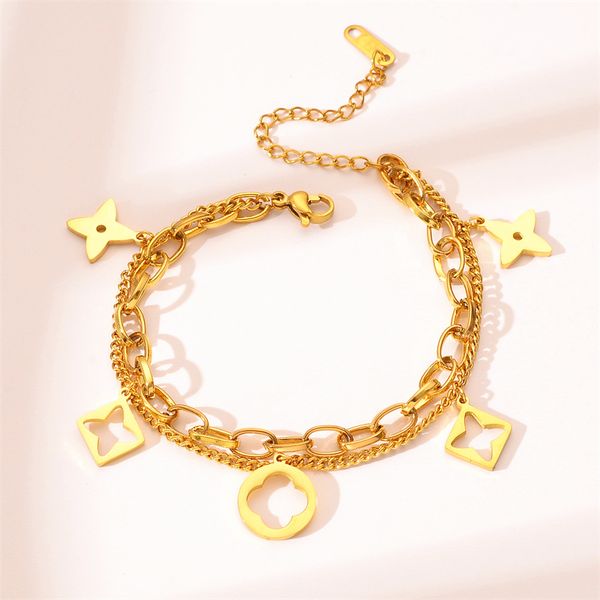 

Designers Van Clover Charm Bracelet Bangle Double Layered Stainless Steel Chain Jewelry for Women