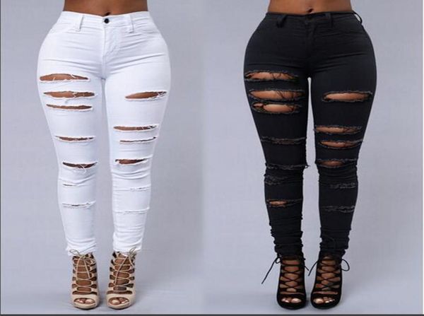 

high street women skinny jeans ripped skin tight jeans fashion black and white pencil denim pants2791526, Blue