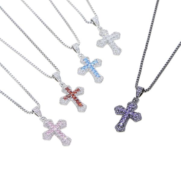 

new fashion designer 5 colors mini cross charm pendant necklace hip hop women men full paved 5a cubic zirconia party gift jewelry, Silver