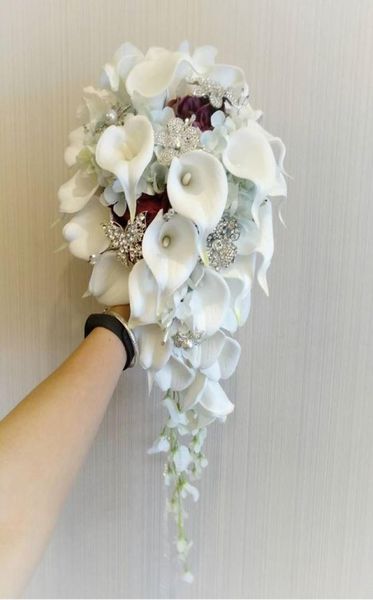 

2019 highend custom wedding bouquet white calla lily blue wine red rose light blue hydrangea diy pearl crystal brooch bridal bouq6023580