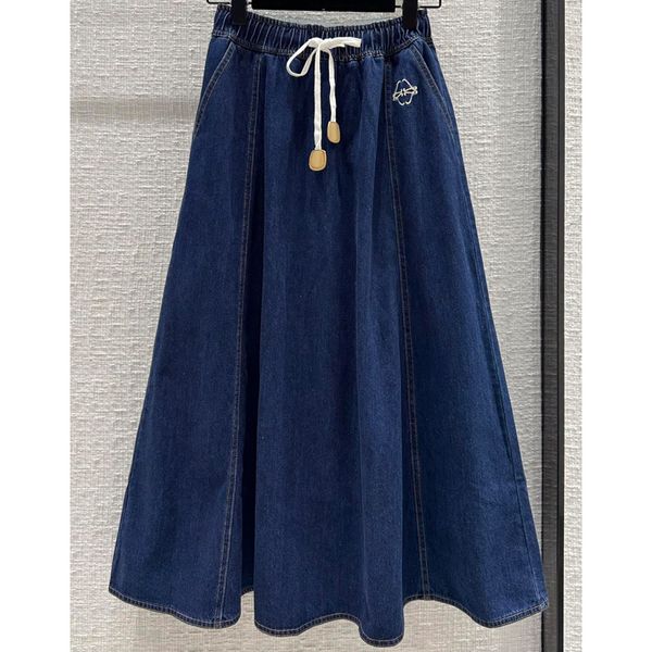 

8.5 fashion drawstring high waist embroidery denim midi skirt women, Black