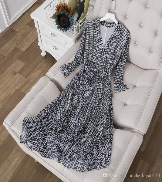 

2019 navy blue/black v collar long sleeves milan dresses high end v letter print sash vestidos de festa yy-238275853