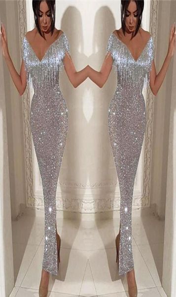 

2022 sequined silver mermaid prom dresses with deep v neck tassels ankle length back split dubai african evening dress pageant ves2107332, Black