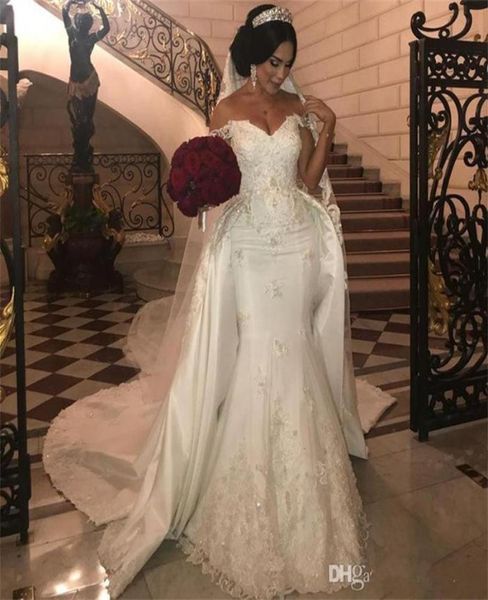 

elegant overskirt wedding dresses with detachable train off shoulder mermaid bridal gowns lace applique beads ivory satin wedding 8505731, White