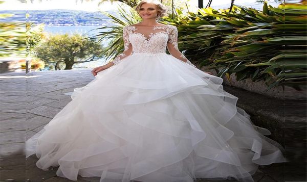 

vintage ball gown wedding dresses princess 2022 long sleeve open back appliques lace tulle tiered skirt bridal wedding gowns1949888, White