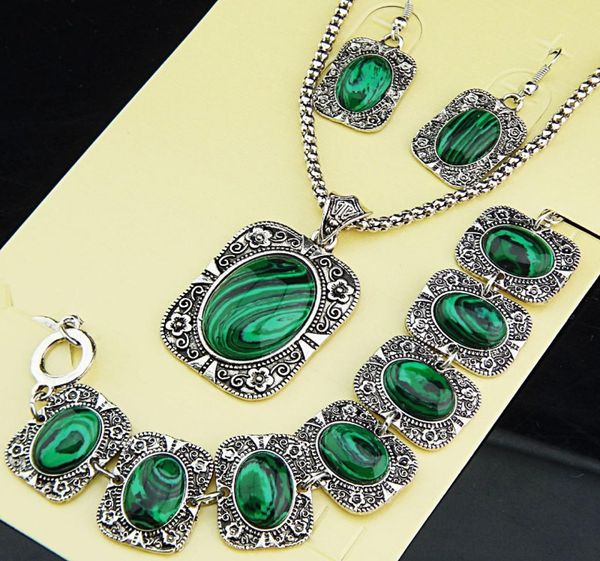 

fashion lucky jewelry sets 3pcsset vintage earring antique silver malachite earrings bracelet necklace women jewelry set for fema2647001