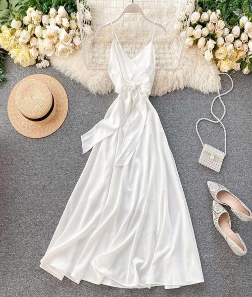 

ftlzz women backless bohemian dress summer v neck sashes dress sleeveless spaghetti strap beach white vestido11363781, Black;gray
