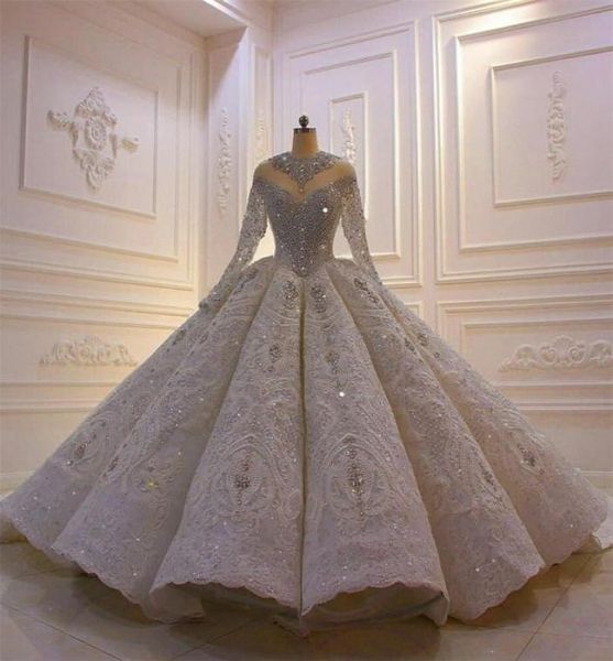 

2021 luxury crystal wedding dresses customize vintage ball gown long sleeve lace sequined sparkle vestido de novia5622276, White