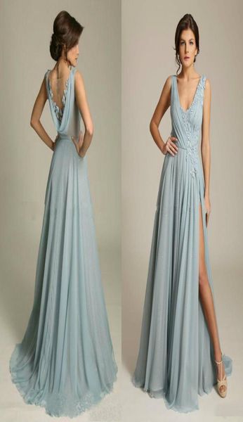 

latest dusty blue bridesmaid dresses v neck sleeveless appliques chiffon draped back formal prom dresses with side split wedding p7418734, White;pink