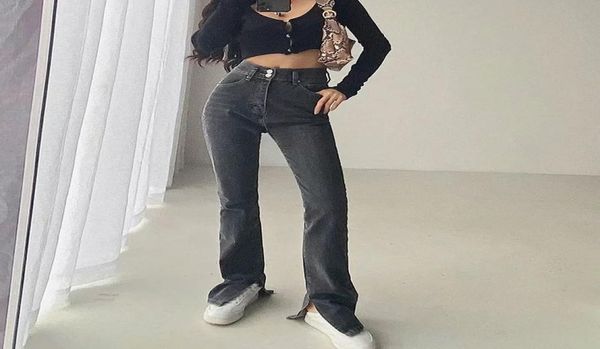 

slim jeans with high waist and floorlength slit01234567060448, Blue