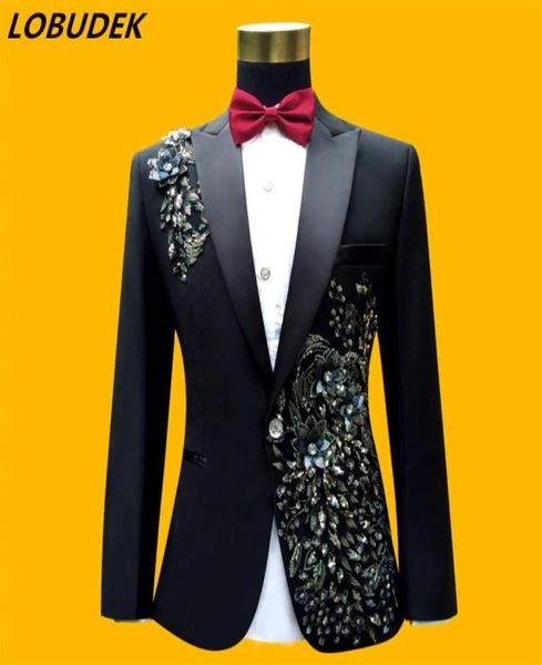 

fashion highgrade applique men039s suits sparkly sequins white crystals blazers pants set prom party host singer costume weddi6650989, White;black