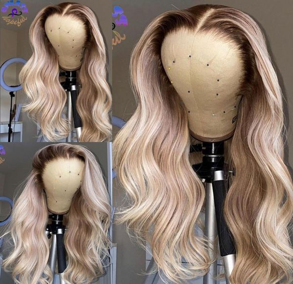 

ash blonde lace front wig with brown roots heat resistant synthetic ombre body wave wigs for black women2467219