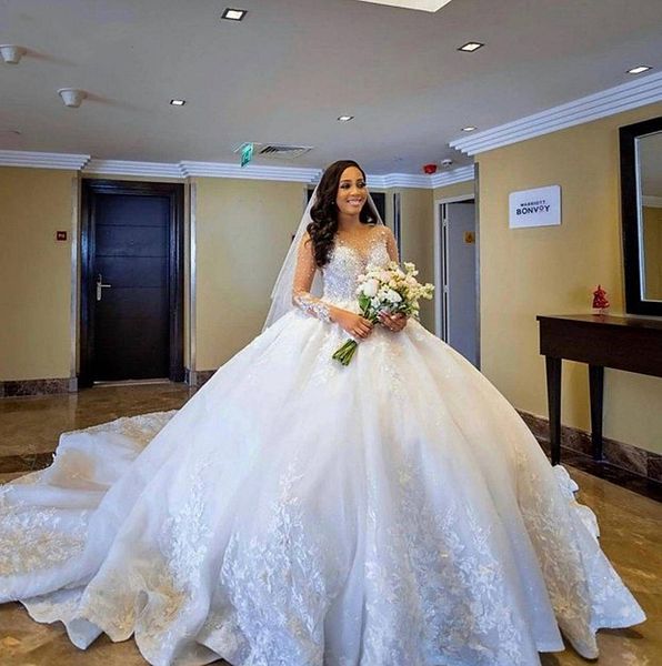 

luxury cathedral ball gown wedding dresses lace appliques beaded illusion long sleeves bridal gowns long train robe de mariage, White