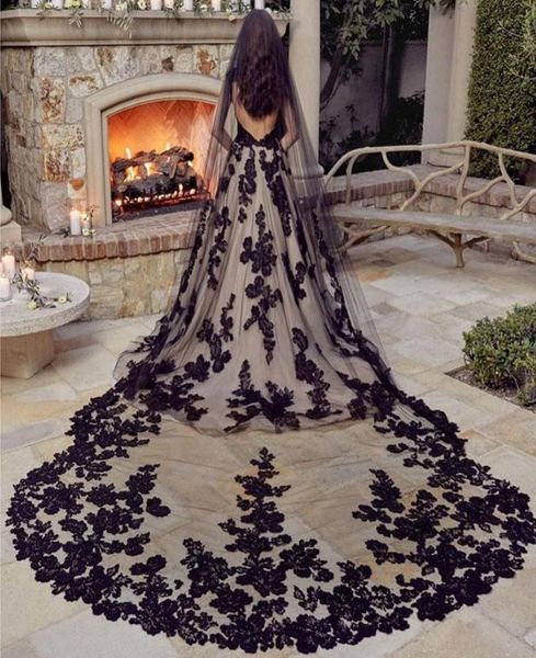 

black 3m cathedral wedding veils lace appliqued edge soft tulle one layer long bridal veil with comb marriage accessories5183400