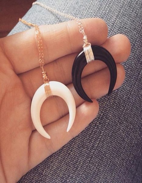 

new faux ivory bone double horn moon necklaces for women crescent shape pendant gold chain choker fashion jewelry gift2516632, Silver