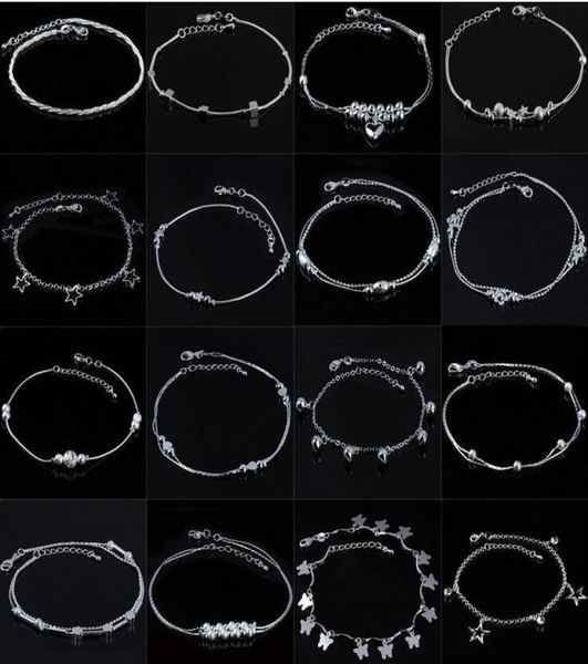 

925 sterling silver anklets jewelry for women silver plated chain clover star cross beads ankle bracelets summer beach foot jewelr9068518, Golden;silver