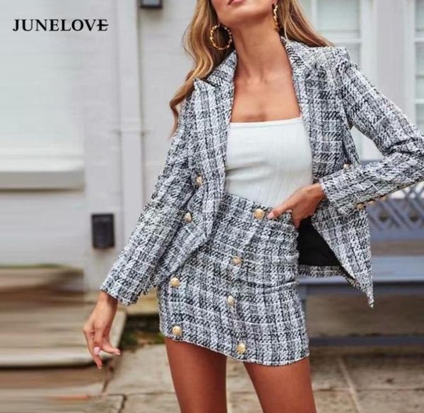 

junelove women new double breasted blazers jackets vintage zipper female tweed sets street wear suits casual office lady bottoms5403994, White;black