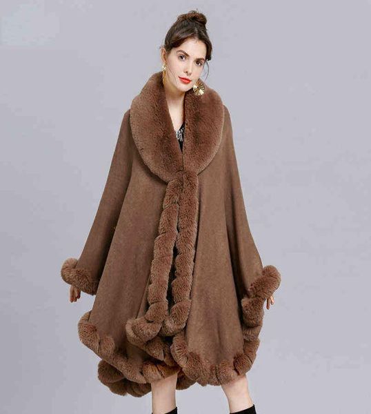 

women's cape elegant v lapefaux rex rabbit fur coat cape winter women big long shawfultrim fur knit cloak overcoat parka 2022 new t2208, Black