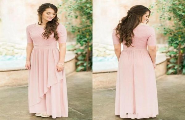 

2019 modest rose dusty long bridesmaid dresses with half sleeves lace chiffon country wedding bridesmaids dresses boho sleeved cus7350667, White;pink