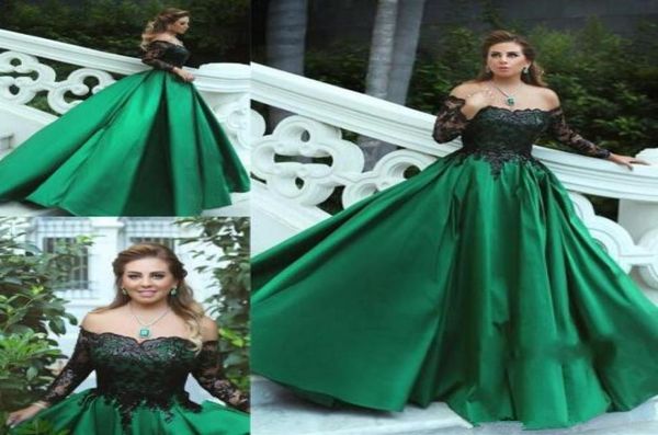 

2019 new charming green long sleeve prom dresses off the shoulder satin appliques beaded formal evening dresses ball gown vestido 8973515, Black
