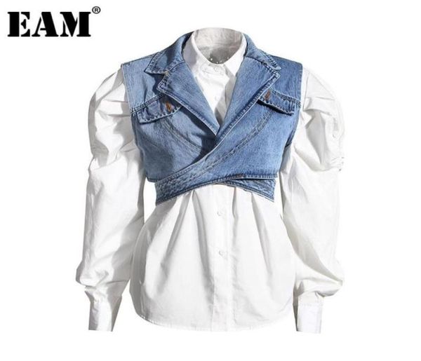 

women039s blouses shirts women blue denim irregular blouse lapel long puff sleeve loose fit shirt fashion tide spring autu87348485902555, White