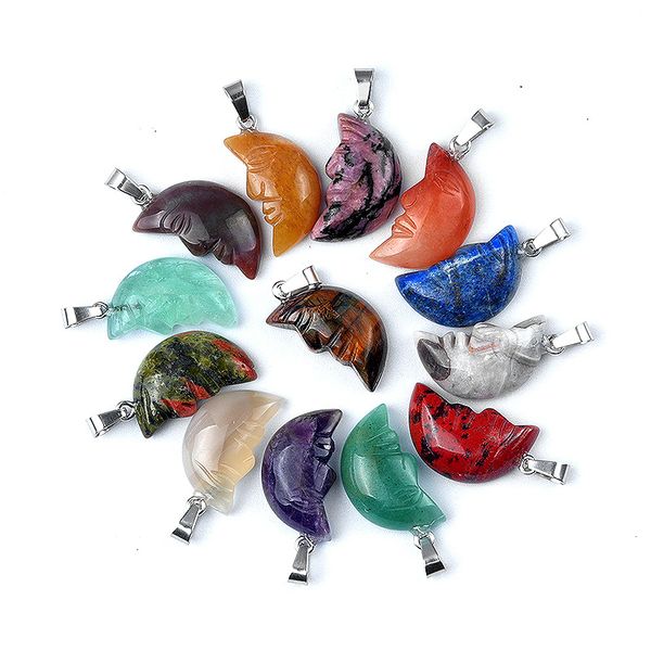 

natural stone engraved face moon pendant amethyst pink crystal charms diy necklace earrings accessory, Bronze;silver