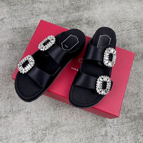 

10a mirror quality designer sandales fashion slippers summer beach slides travel flash drill slipper flat slide woman leather sandal indoor, Black
