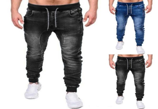 

men039s pants denim casual trouser winter autumn blue pockets office men sports jean drawstring joggers work jeans trousers bot4393984, Black