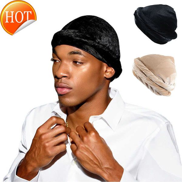 

solid color muslim winter warm elastic velvet turban hats for men, Blue;gray