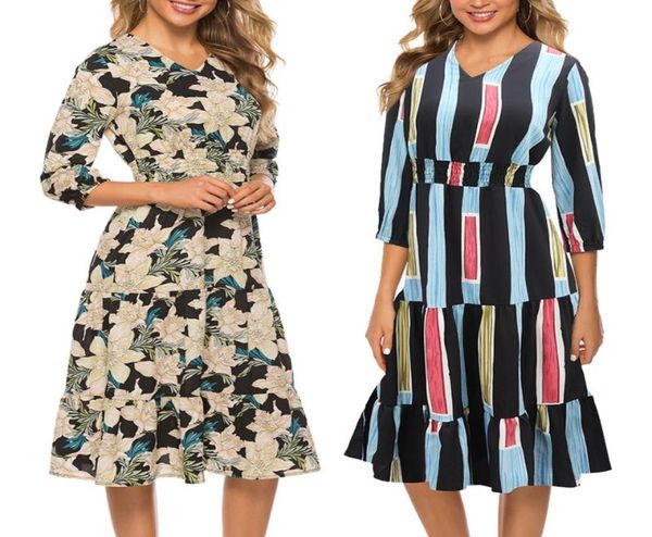 

casual dresses fit and flare dress frill sukienka pleated chiffon midi robe femme ete 2021 elastic waist v neck boho women3348751, Black;gray