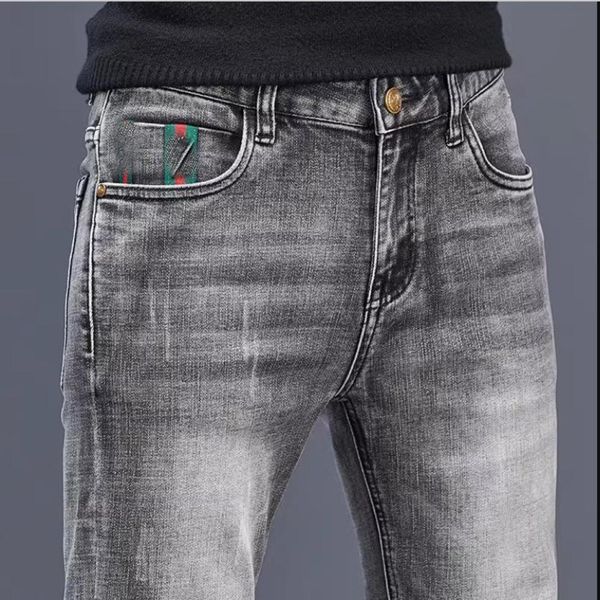 

men039s jeans fashion cotton slim elastic brand business pants trousers classic style male denim gray color7136663, Blue