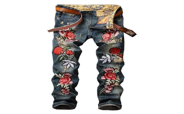 

men039s jeans embroidery roses men pants high street mens denim trousers blue broken hole for js0791 men039s3858611