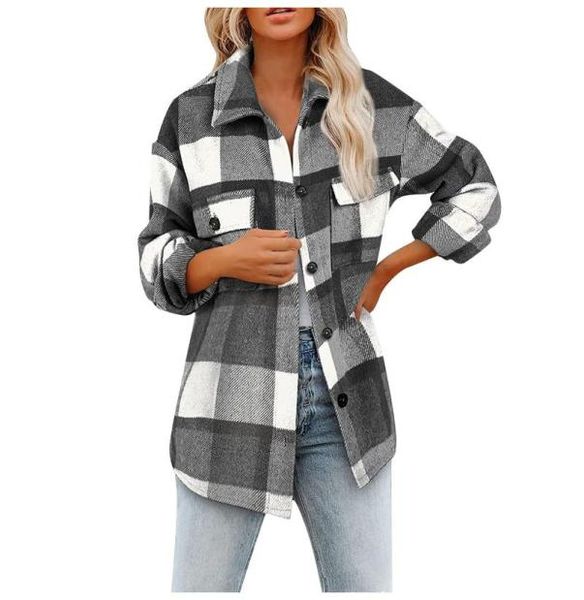 

women039s wool blends fashion vintage brushed plaid shirts long sleeve flannel lapel button down pocketed shacket jacket coat8233552, Black