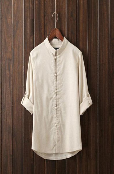 

whole2016 new autumn fashion brand men thanks flax pure color man39s shirt seven chinese style shirt sleeve grey beige blu7222254, White;black